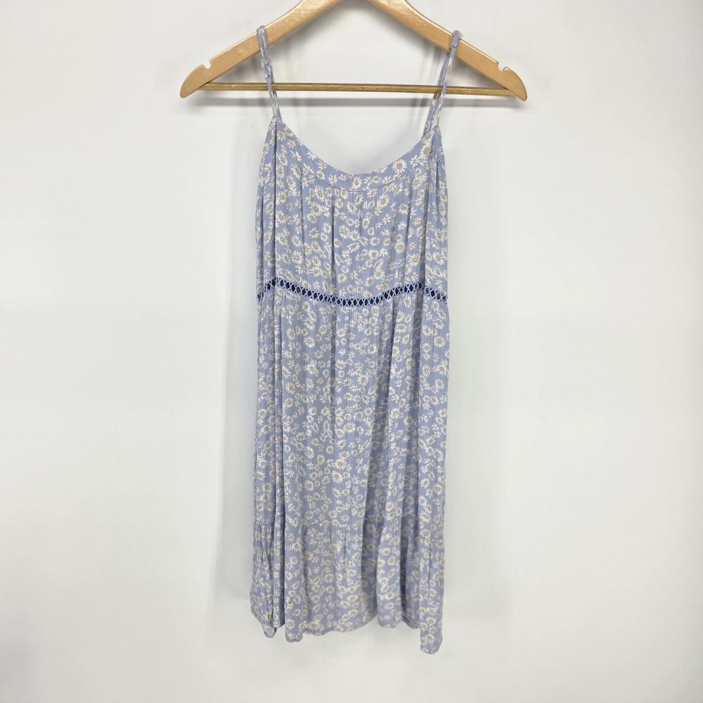 Pink Rose Dress Womens Medium Blue Daisy Floral Crochet Trim Tiered Sundress